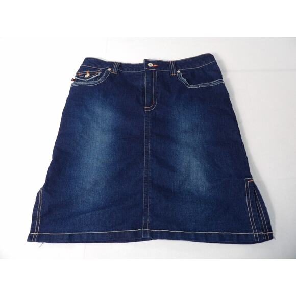 Vezucci Jeans Skirt Dark Wash Knee Length Modest Womens Sz 14 Orange Accent Y2K - Picture 2 of 11